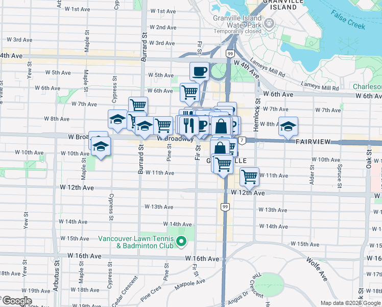 map of restaurants, bars, coffee shops, grocery stores, and more near 1633 West 10th Avenue in Vancouver