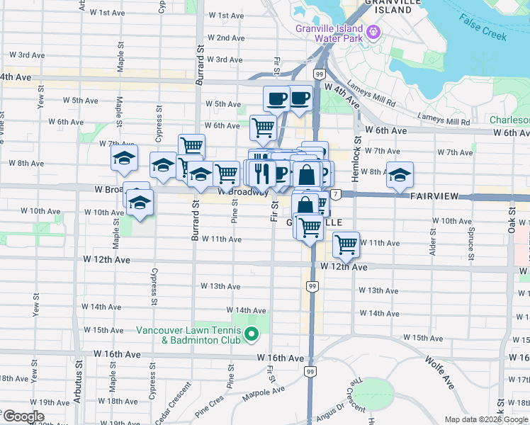 map of restaurants, bars, coffee shops, grocery stores, and more near 1633 West 10th Avenue in Vancouver