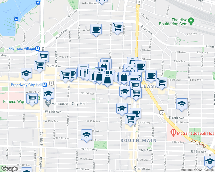 map of restaurants, bars, coffee shops, grocery stores, and more near 2505 Ontario Street in Vancouver