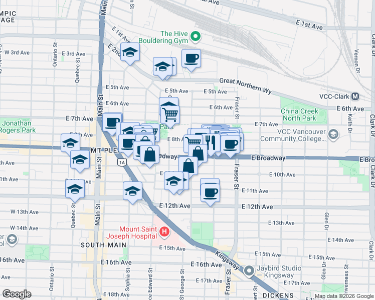 map of restaurants, bars, coffee shops, grocery stores, and more near 2471 Saint George Street in Vancouver
