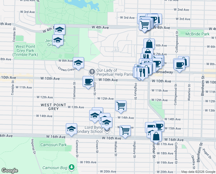 map of restaurants, bars, coffee shops, grocery stores, and more near in Vancouver