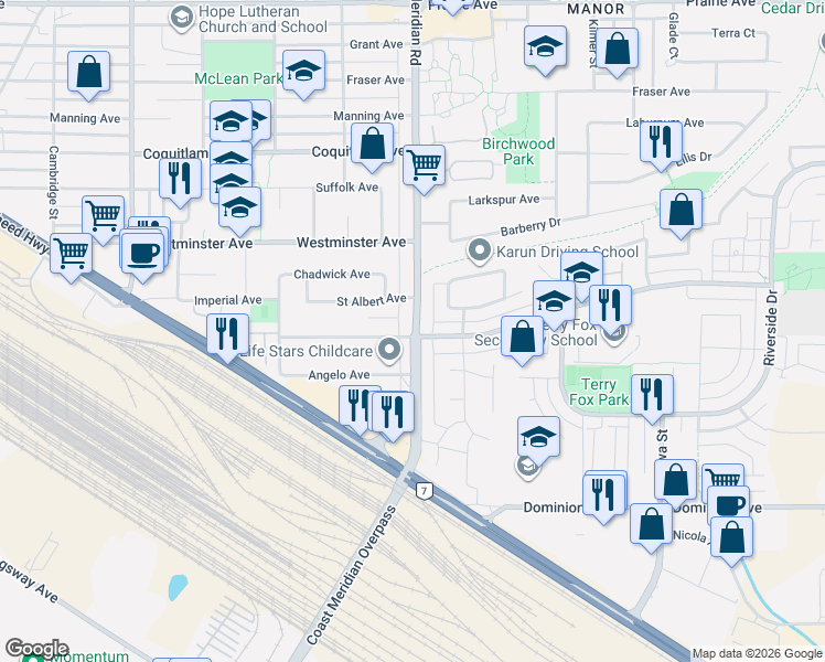 map of restaurants, bars, coffee shops, grocery stores, and more near 2715 Coast Meridian Road in Port Coquitlam