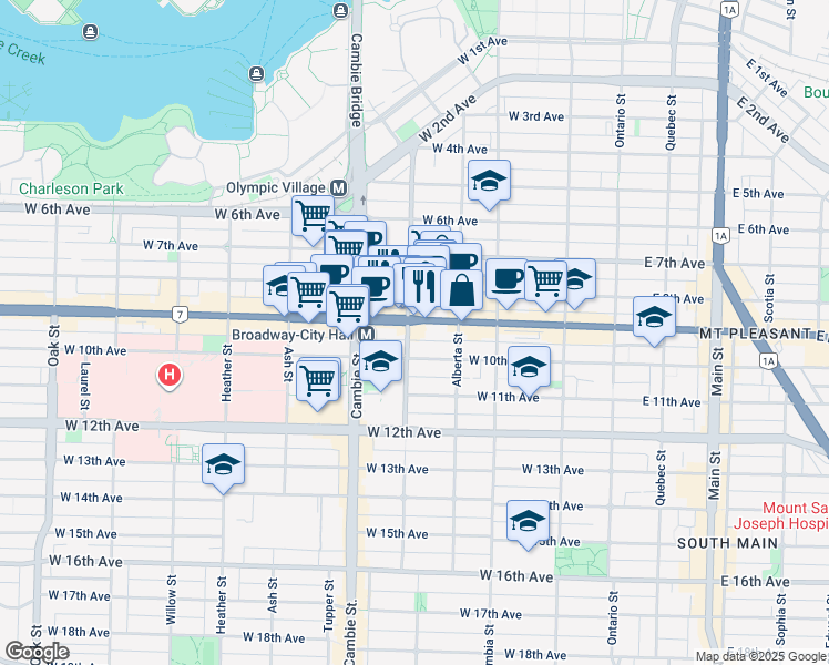 map of restaurants, bars, coffee shops, grocery stores, and more near 2450 Yukon Street in Vancouver