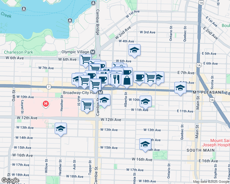 map of restaurants, bars, coffee shops, grocery stores, and more near 388 British Columbia 7 in Vancouver
