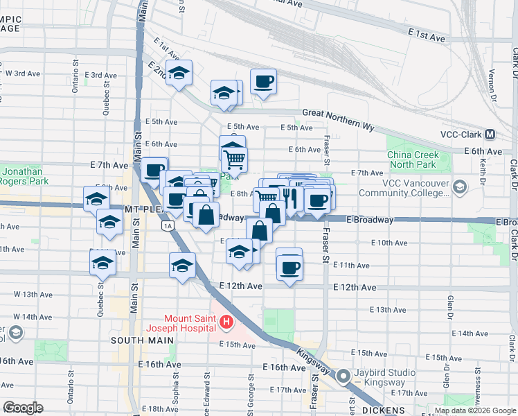 map of restaurants, bars, coffee shops, grocery stores, and more near in Vancouver