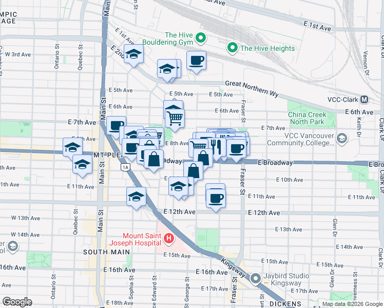 map of restaurants, bars, coffee shops, grocery stores, and more near in Vancouver