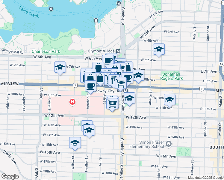 map of restaurants, bars, coffee shops, grocery stores, and more near 552 West Broadway in Vancouver