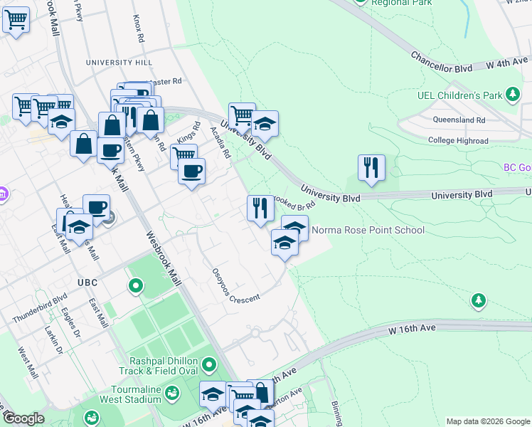 map of restaurants, bars, coffee shops, grocery stores, and more near 2710 Acadia Road in Vancouver
