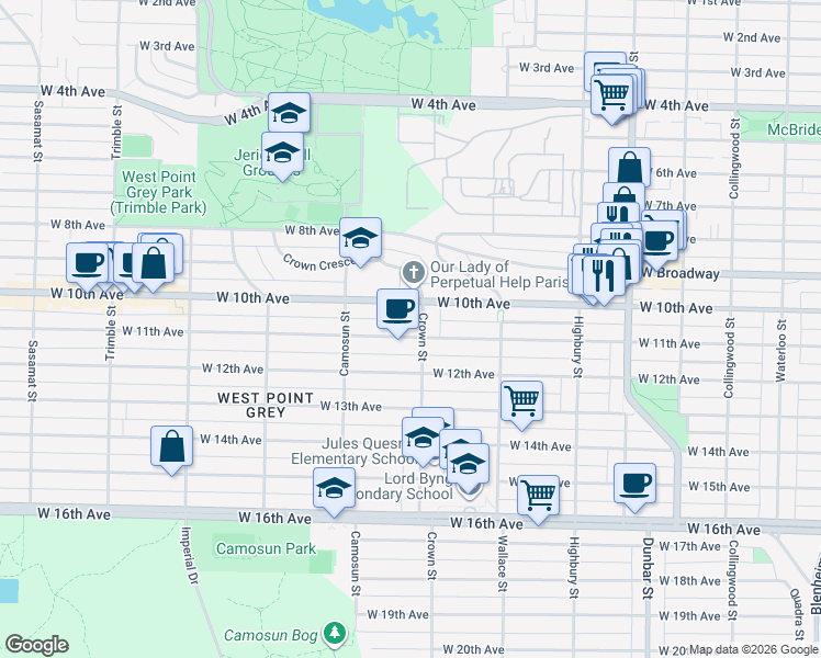 map of restaurants, bars, coffee shops, grocery stores, and more near 4009 West 11th Avenue in Vancouver