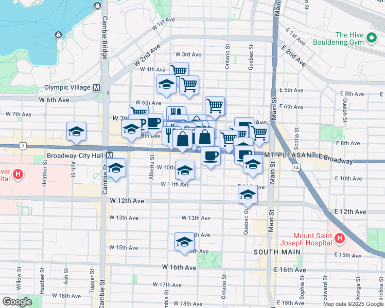map of restaurants, bars, coffee shops, grocery stores, and more near 3440 West Broadway in Vancouver