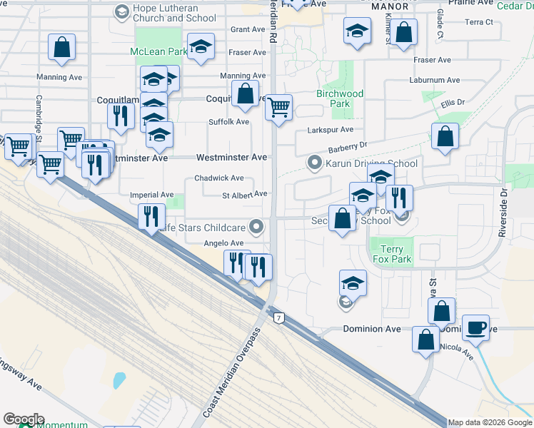 map of restaurants, bars, coffee shops, grocery stores, and more near 2715 Coast Meridian Road in Port Coquitlam