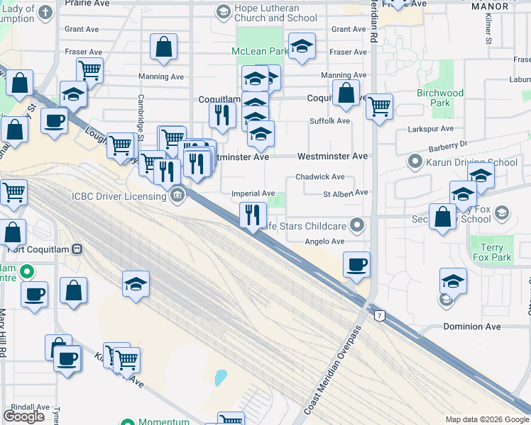 map of restaurants, bars, coffee shops, grocery stores, and more near 2719 Saint Michael Street in Port Coquitlam