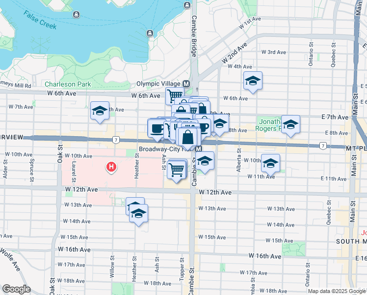 map of restaurants, bars, coffee shops, grocery stores, and more near 515 West Broadway in Vancouver