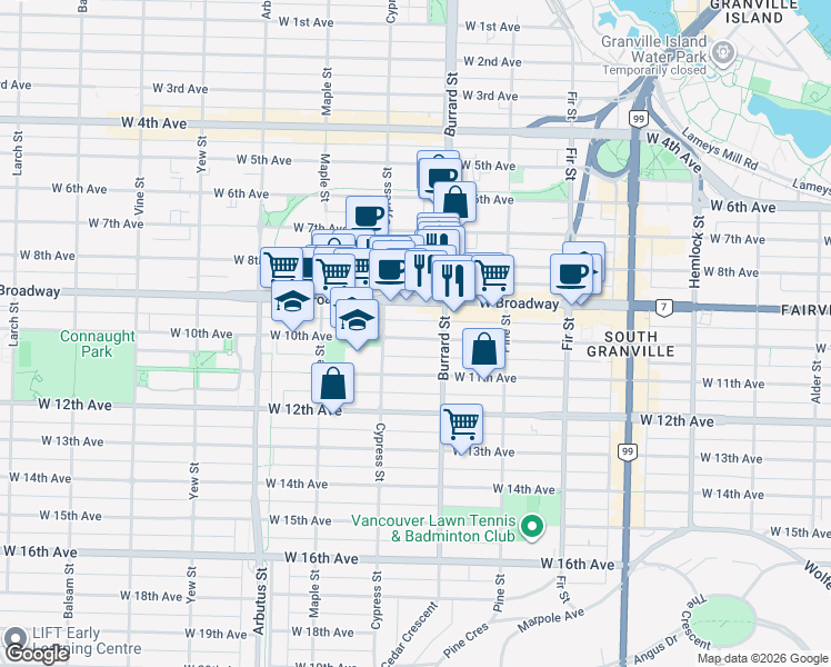 map of restaurants, bars, coffee shops, grocery stores, and more near 1855 West 10th Avenue in Vancouver