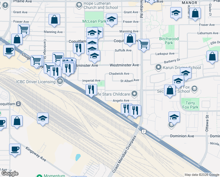 map of restaurants, bars, coffee shops, grocery stores, and more near 1643 Robertson Avenue in Port Coquitlam