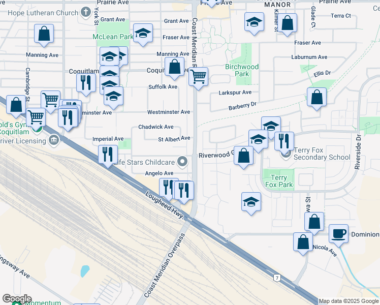 map of restaurants, bars, coffee shops, grocery stores, and more near 2715 Coast Meridian Road in Port Coquitlam