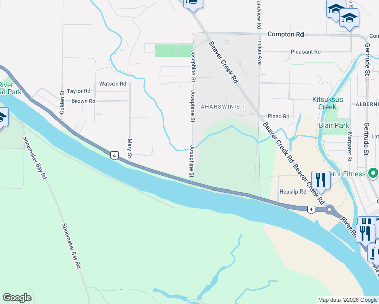 map of restaurants, bars, coffee shops, grocery stores, and more near 4878 Josephine Street in Port Alberni