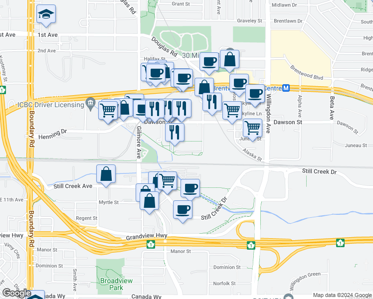 map of restaurants, bars, coffee shops, grocery stores, and more near 2345 Madison Avenue in Burnaby