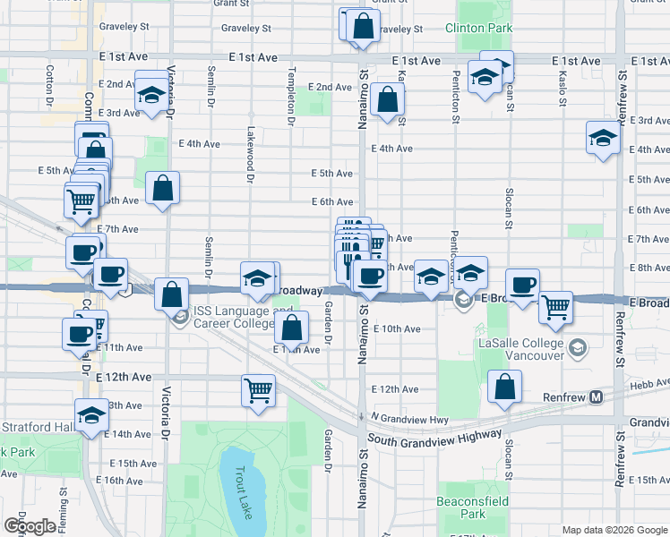 map of restaurants, bars, coffee shops, grocery stores, and more near 2450 Garden Drive in Vancouver