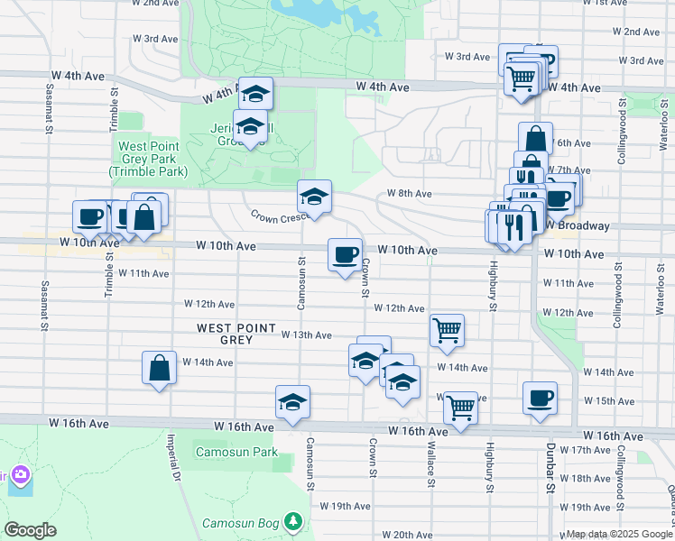 map of restaurants, bars, coffee shops, grocery stores, and more near 4039 West 11th Avenue in Vancouver