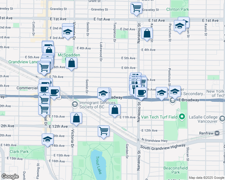 map of restaurants, bars, coffee shops, grocery stores, and more near 2176 East 8th Avenue in Vancouver