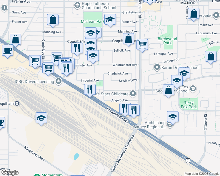 map of restaurants, bars, coffee shops, grocery stores, and more near 1663 Robertson Avenue in Port Coquitlam