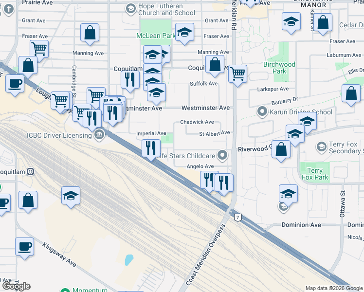 map of restaurants, bars, coffee shops, grocery stores, and more near 1671 Robertson Avenue in Port Coquitlam