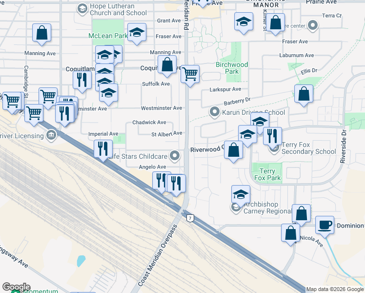 map of restaurants, bars, coffee shops, grocery stores, and more near 1545 Robertson Avenue in Port Coquitlam