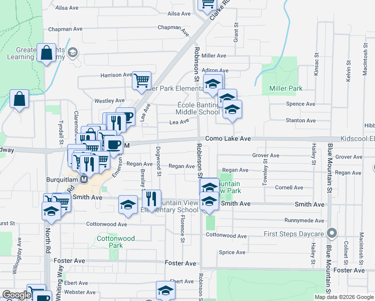 map of restaurants, bars, coffee shops, grocery stores, and more near 723 Grover Avenue in Coquitlam