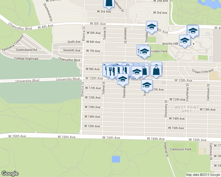 map of restaurants, bars, coffee shops, grocery stores, and more near 4564 West 11th Avenue in Vancouver