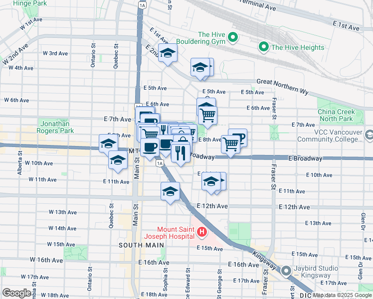 map of restaurants, bars, coffee shops, grocery stores, and more near 379 East Broadway in Vancouver