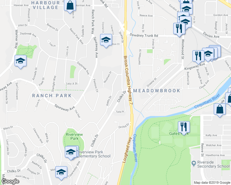 map of restaurants, bars, coffee shops, grocery stores, and more near 2920 Keets Drive in Coquitlam