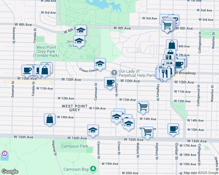 map of restaurants, bars, coffee shops, grocery stores, and more near 4029 West 11th Avenue in Vancouver