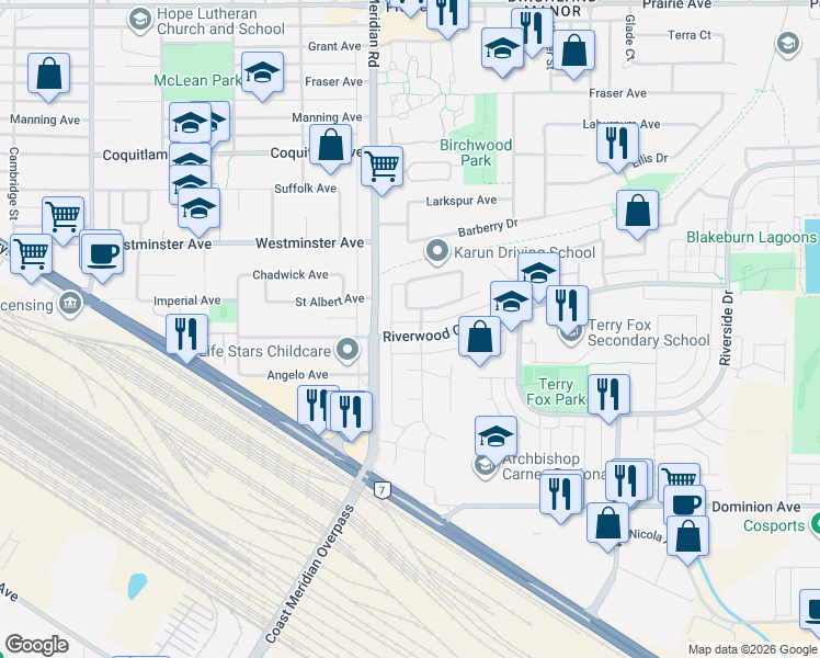 map of restaurants, bars, coffee shops, grocery stores, and more near 1463 Riverwood Gate in Port Coquitlam