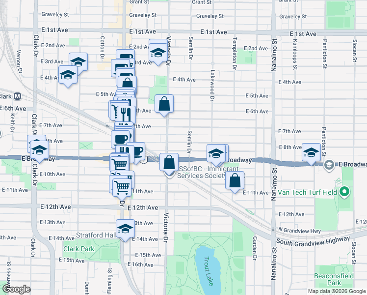 map of restaurants, bars, coffee shops, grocery stores, and more near 1978 East 8th Avenue in Vancouver