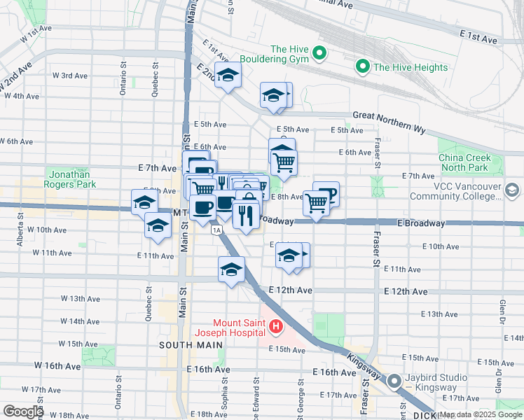 map of restaurants, bars, coffee shops, grocery stores, and more near 389 East Broadway in Vancouver