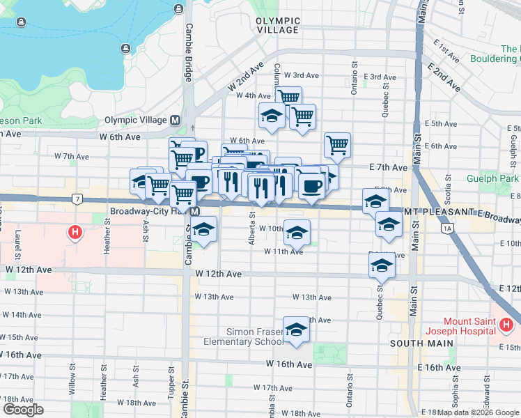 map of restaurants, bars, coffee shops, grocery stores, and more near 236 West Broadway in Vancouver