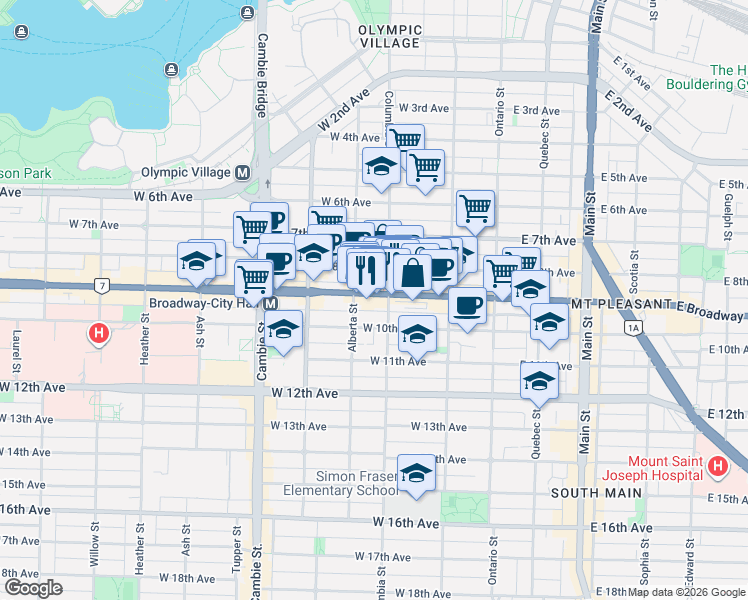 map of restaurants, bars, coffee shops, grocery stores, and more near 238 West Broadway in Vancouver