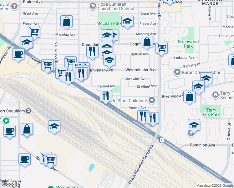 map of restaurants, bars, coffee shops, grocery stores, and more near 2719 Saint Michael Street in Port Coquitlam