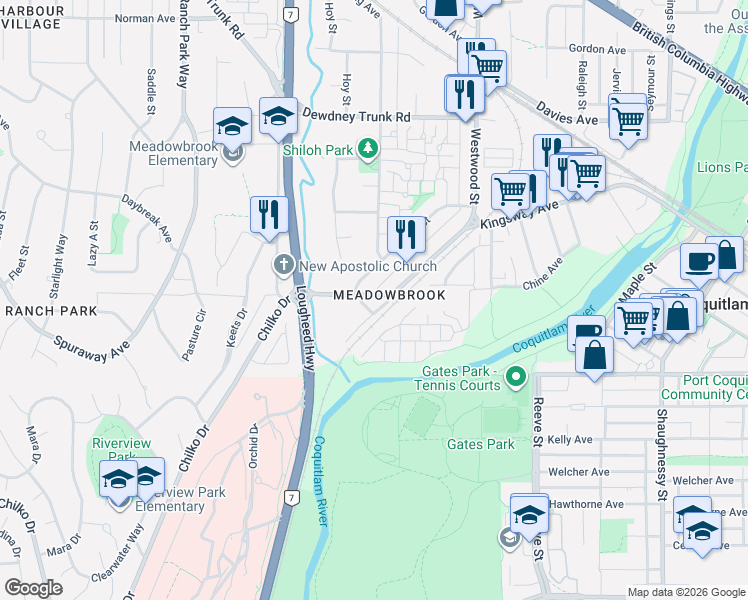 map of restaurants, bars, coffee shops, grocery stores, and more near 793 Westwood Street in Coquitlam