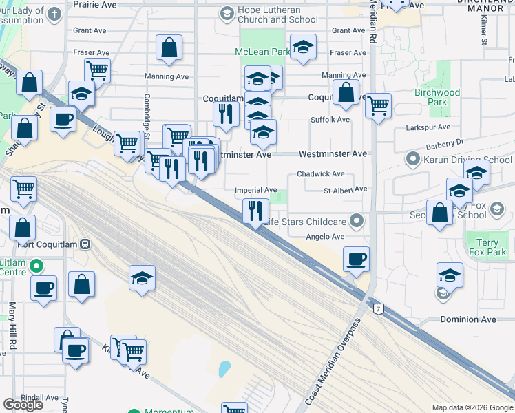 map of restaurants, bars, coffee shops, grocery stores, and more near 2719 Saint Michael Street in Port Coquitlam