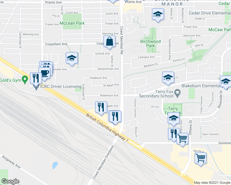 map of restaurants, bars, coffee shops, grocery stores, and more near 1545 Robertson Avenue in Port Coquitlam