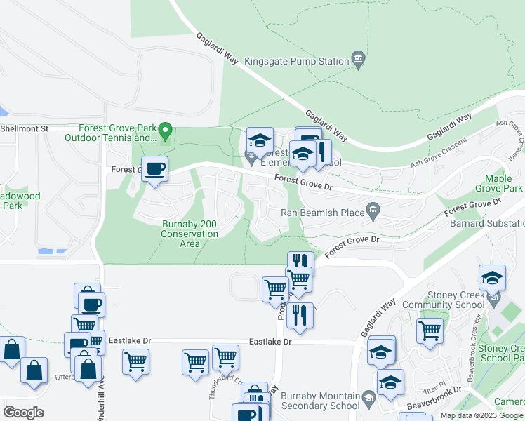 map of restaurants, bars, coffee shops, grocery stores, and more near 8514 Woodtrail Place in Burnaby