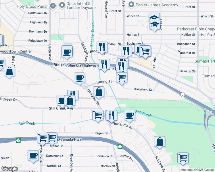 map of restaurants, bars, coffee shops, grocery stores, and more near 5550 Goring Street in Burnaby