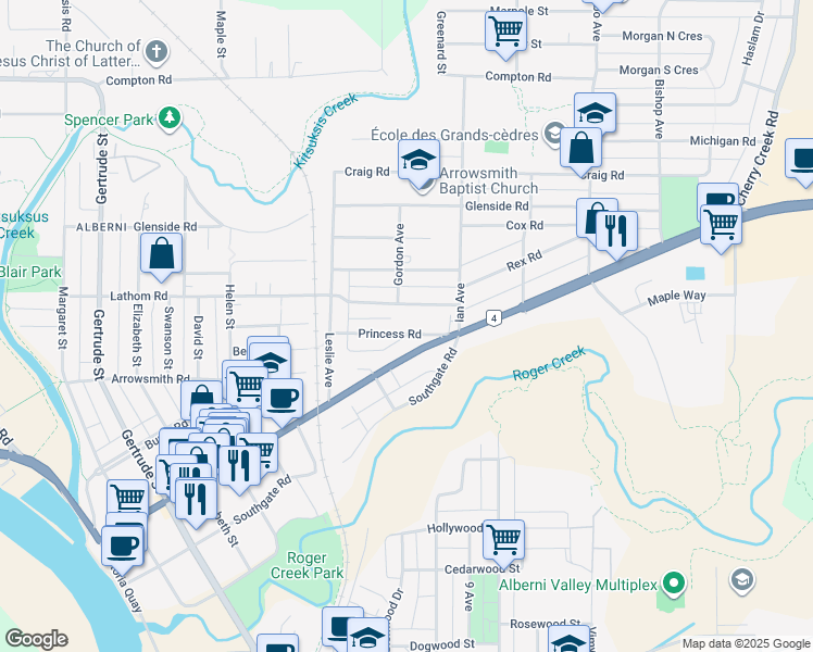 map of restaurants, bars, coffee shops, grocery stores, and more near 4285 Princess Road in Port Alberni