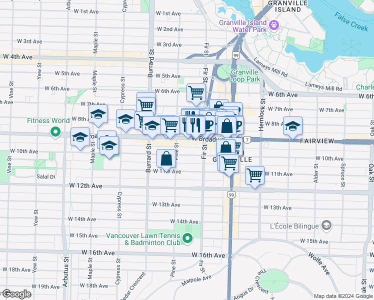 map of restaurants, bars, coffee shops, grocery stores, and more near 1675 West 10th Avenue in Vancouver