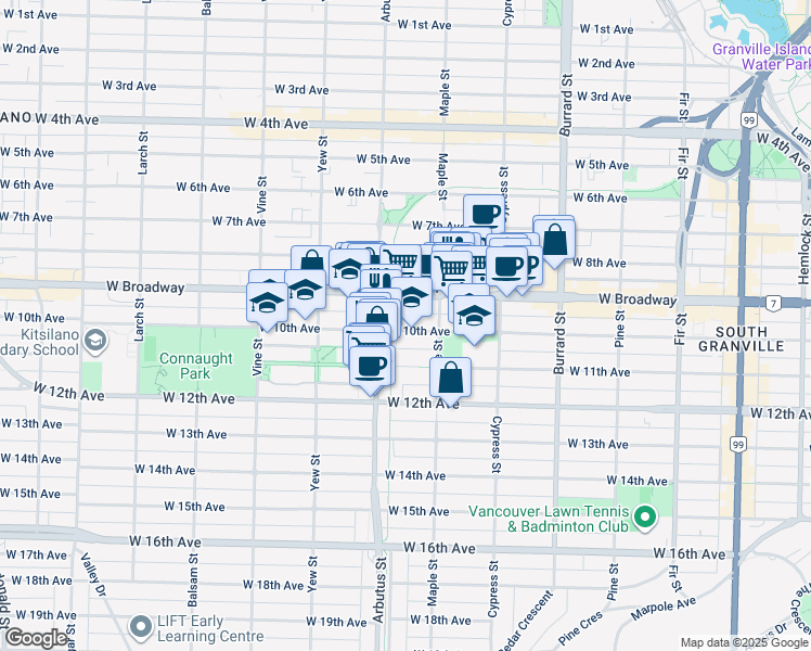 map of restaurants, bars, coffee shops, grocery stores, and more near 2033 10th Avenue Bikeway in Vancouver