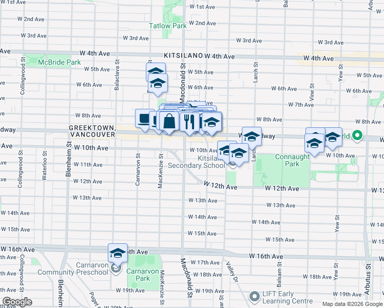 map of restaurants, bars, coffee shops, grocery stores, and more near 2756 West 10th Avenue in Vancouver