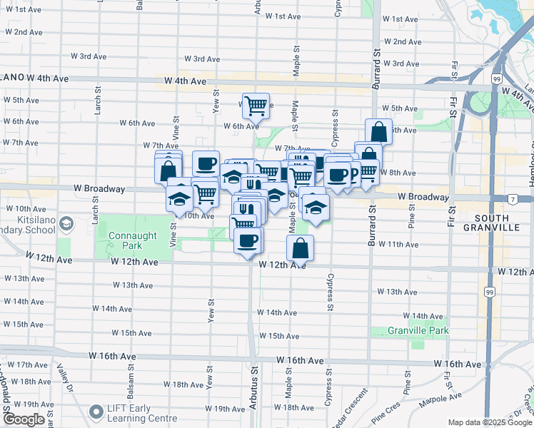 map of restaurants, bars, coffee shops, grocery stores, and more near 2063 West 10th Avenue in Vancouver