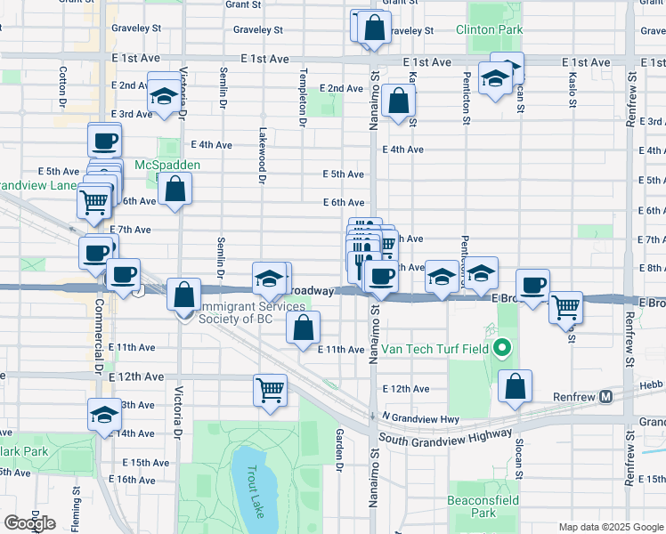 map of restaurants, bars, coffee shops, grocery stores, and more near 2282 East 8th Avenue in Vancouver